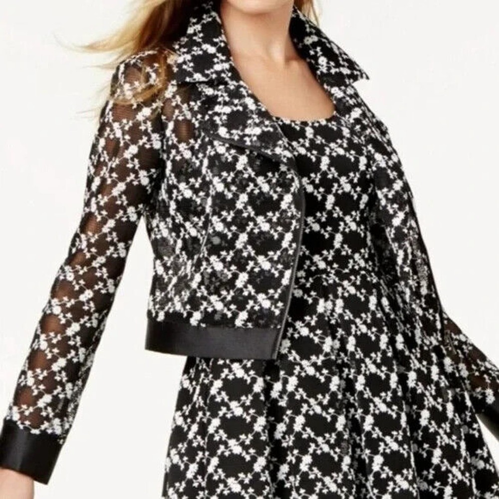 Sachin & Babi Mesh Embroidered Floral Moto Jacket Blazer Black White Zip…